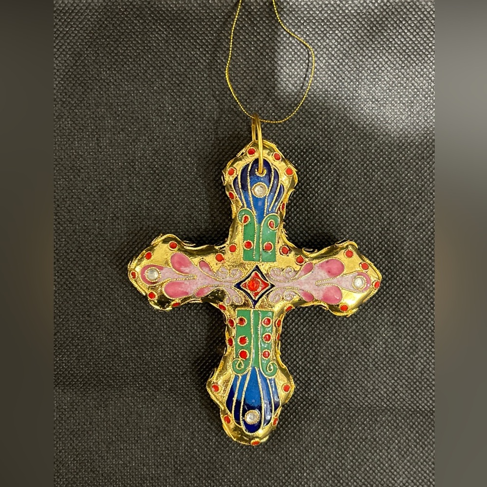 Cloisonne Cross Christmas Tree Ornament Enamel Gold Pinks Blue Greens Religious